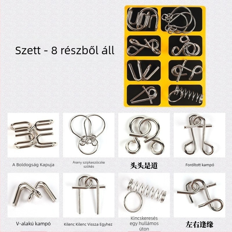 Kilenc láncos záras logikai puzzle, ötvözet, DIY, 8 db, 7–14 éveseknek