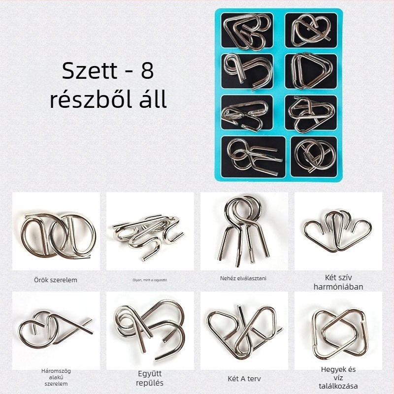 Kilenc láncos záras logikai puzzle, ötvözet, DIY, 8 db, 7–14 éveseknek