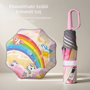 Gyerekeknek készült rajzfilmszerű esernyő kerek sarkokkal, névjegy-csattal és esernyőtasakkal, fényvisszaverő biztonsági sáv (kézi nyitás; 8 merevítő; három részes; ütésálló anyag; alumínium fogantyú)