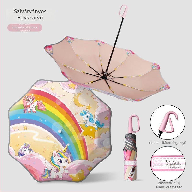 Gyerekeknek készült rajzfilmszerű esernyő kerek sarkokkal, névjegy-csattal és esernyőtasakkal, fényvisszaverő biztonsági sáv (kézi nyitás; 8 merevítő; három részes; ütésálló anyag; alumínium fogantyú)