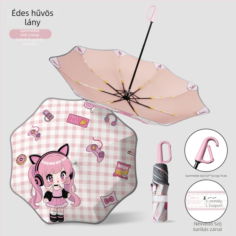 Gyerekeknek készült rajzfilmszerű esernyő kerek sarkokkal, névjegy-csattal és esernyőtasakkal, fényvisszaverő biztonsági sáv (kézi nyitás; 8 merevítő; három részes; ütésálló anyag; alumínium fogantyú)