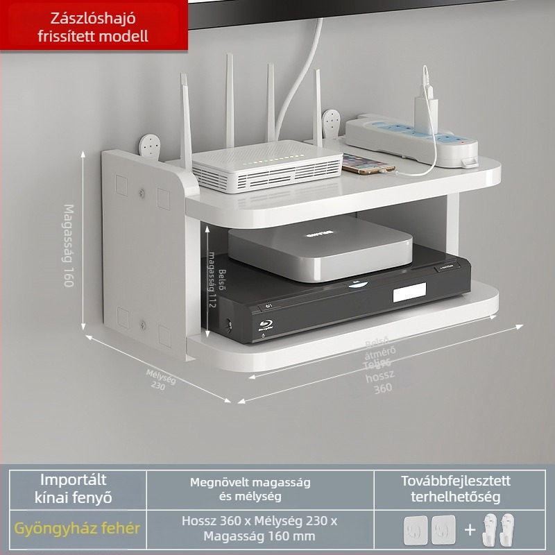 WiFi falra szerelhető televíziós tároló, set-top box és router számára, fúrás nélkül