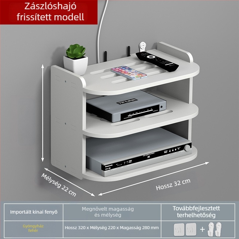 WiFi falra szerelhető televíziós tároló, set-top box és router számára, fúrás nélkül