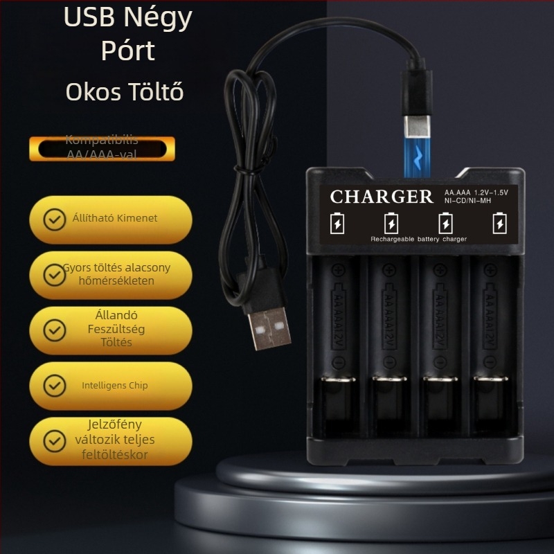CS sorozat négyrekeszes USB akkumulátor töltő NiMH/NiCd 1.2V cellákhoz, bemenet 5V DC, kimenet 12V 250mA, EMC és RoHS tanúsított