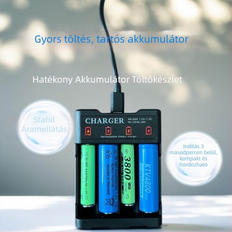 CS sorozat négyrekeszes USB akkumulátor töltő NiMH/NiCd 1.2V cellákhoz, bemenet 5V DC, kimenet 12V 250mA, EMC és RoHS tanúsított