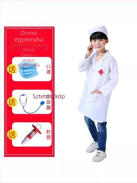 Gyermekek orvosi jelmez készlet: doktor és nővér – uniszex, poliészter anyag, hosszú ujjú, laboratóriumi köntös stílus, 3–8 éveseknek