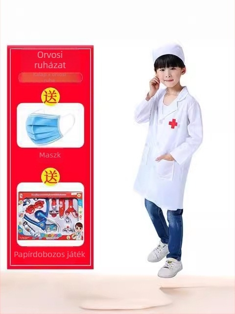 Gyermekek orvosi jelmez készlet: doktor és nővér – uniszex, poliészter anyag, hosszú ujjú, laboratóriumi köntös stílus, 3–8 éveseknek