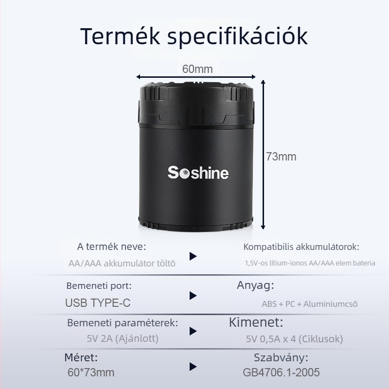 AA/AAA akkumulátortöltő, 12 rekesz, 4 x 5V/0,5A kimeneti port