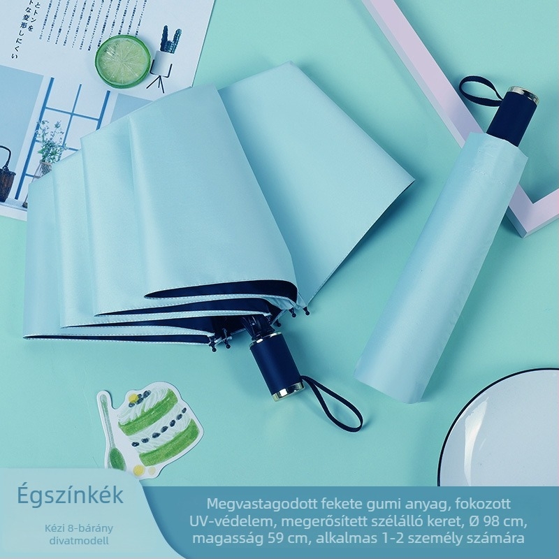 Reklámcélú összecsukható esernyő napra és esőre, 8 bordával, poliészter 190T anyag, kézi nyitás, tömeg 350 g, nyomtatott logó és testreszabás