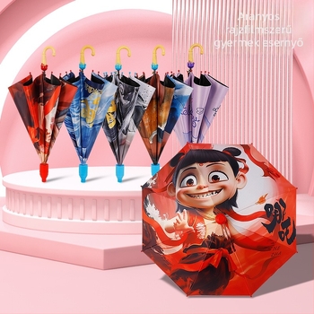 Nezha rajzfilm gyerek esernyő, teljesen automata, hosszú nyéllel, vinyl kupolával és acél bordákkal