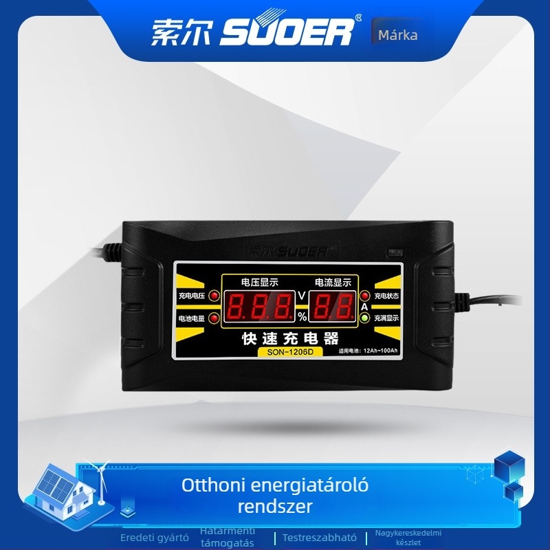 Suoer Autó Akkumulátor Töltő, ólom-akkumulátorhoz, 12V kimenet, 100-240V bemenet, intelligens kijelző