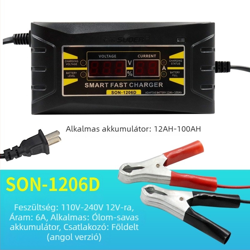 Suoer Autó Akkumulátor Töltő, ólom-akkumulátorhoz, 12V kimenet, 100-240V bemenet, intelligens kijelző