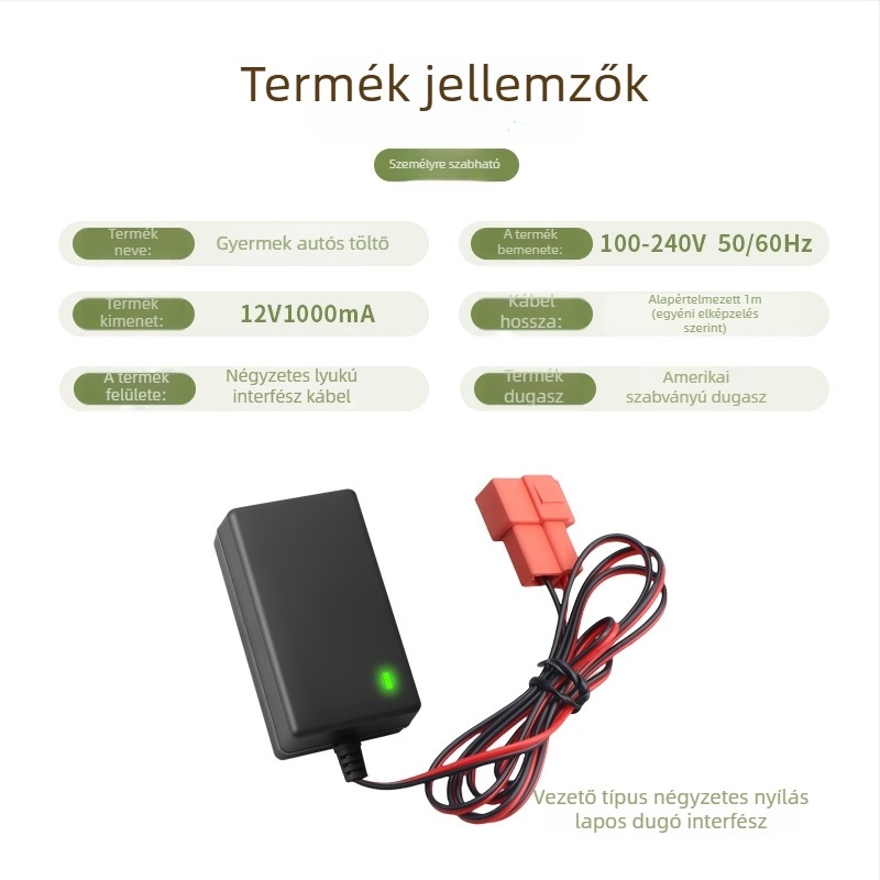 Gyerekeknek szánt elektromos autó töltő, 6–12V, bemenet 100–240V AC, kimenet 6–12V, 1A
