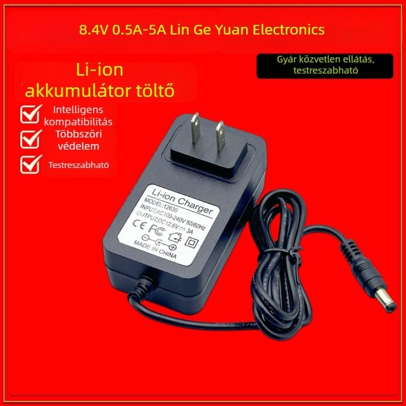 2S lítium akkumulátor töltő, 8,4V 3A, bemenet 100–240V AC, 18650 cellákkal kompatibilis