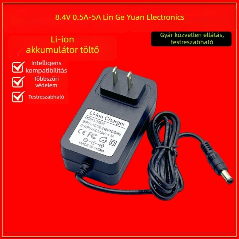 2S lítium akkumulátor töltő, 8,4V 3A, bemenet 100–240V AC, 18650 cellákkal kompatibilis