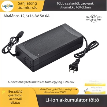 Sanjiitong Autósegély Indító Töltő 12-24V, bemenet AC 100-240V, kimenet DC 12.6-16.8V 6A, CE/FCC tanúsított