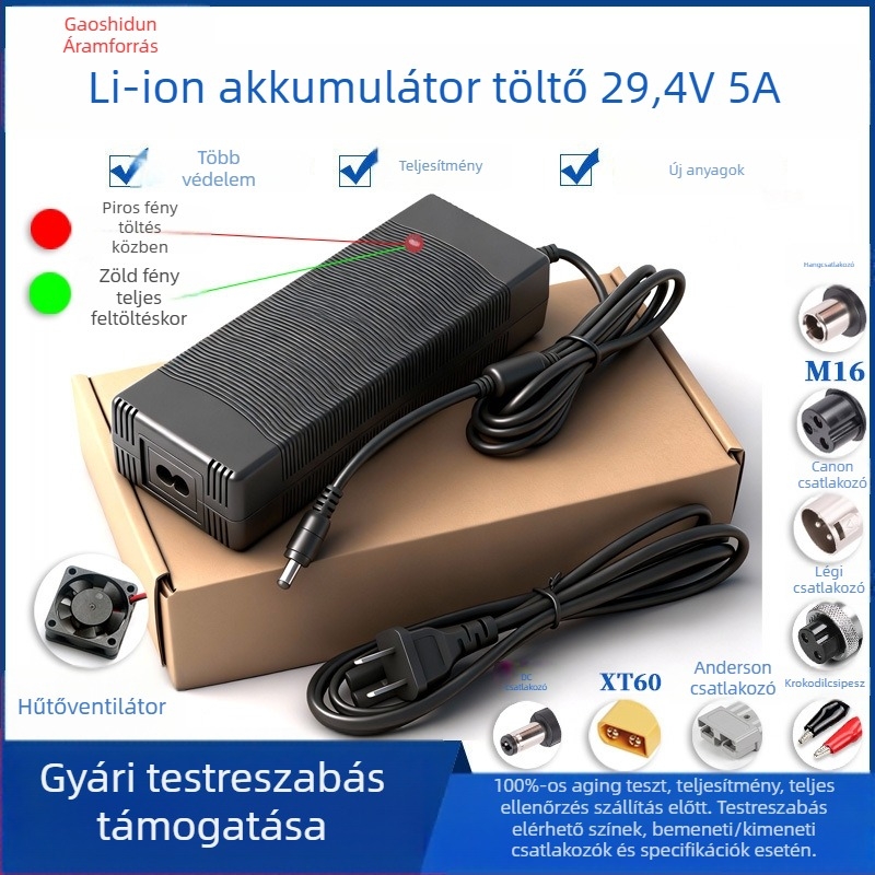 Goshton lítium akkumulátor töltő, 29.4V5A; bemenet AC100-240V; kimenet 29.4V5A; sorozat 29.4V; hűtés ventilátorral