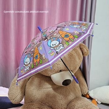 Gyerekeknek szóló rajzfilmszerű átlátszó ernyő, hosszú nyél, 8 borda, automata nyitás, logó nyomtatás