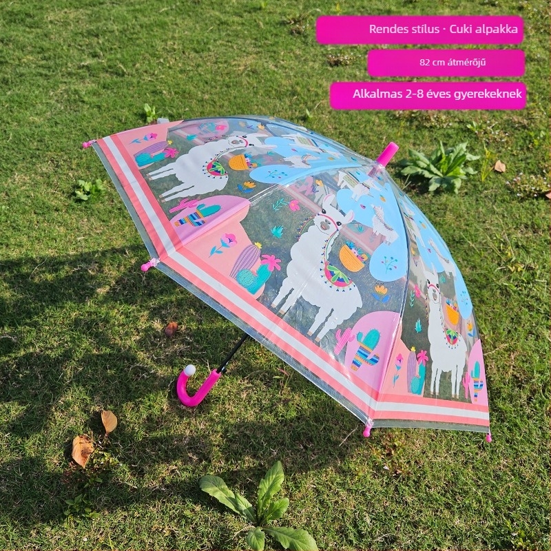 Gyerekeknek szóló rajzfilmszerű átlátszó ernyő, hosszú nyél, 8 borda, automata nyitás, logó nyomtatás