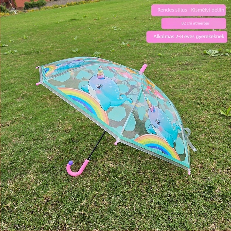 Gyerekeknek szóló rajzfilmszerű átlátszó ernyő, hosszú nyél, 8 borda, automata nyitás, logó nyomtatás