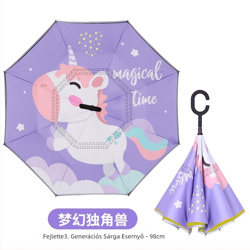 Gyerekeknek szóló hosszú nyelű fordított esernyő cartoon dizájnnal, 8 borda, 210T poliészter anyag, acélcső és műanyag fogantyú