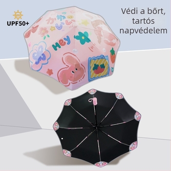 Hosszú fogantyújú gyerek esernyő, fél-automatizált nyitás és automatikus zárás; 8 bordás váz, rostos bordák, acél központi rúd, gumírozott fogantyú, UPF50+ UV védelem, 210t anyag, cartoon diák stílus