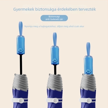 Hosszú fogantyújú gyerek esernyő, fél-automatizált nyitás és automatikus zárás; 8 bordás váz, rostos bordák, acél központi rúd, gumírozott fogantyú, UPF50+ UV védelem, 210t anyag, cartoon diák stílus