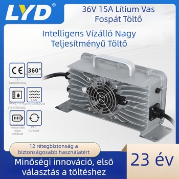 LiFePO4 akkumulátortöltő, bemenet AC 90-240 V, kimenet DC 36,5 V 15 A, tanúsítványok FCC RoHS