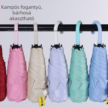 Ívelt fogantyújú mini összecsukható esernyő, zsebméret, UV védelem UPF50+, fekete bevonat kupola, manuális nyitás-zárás, kültéri használatra.