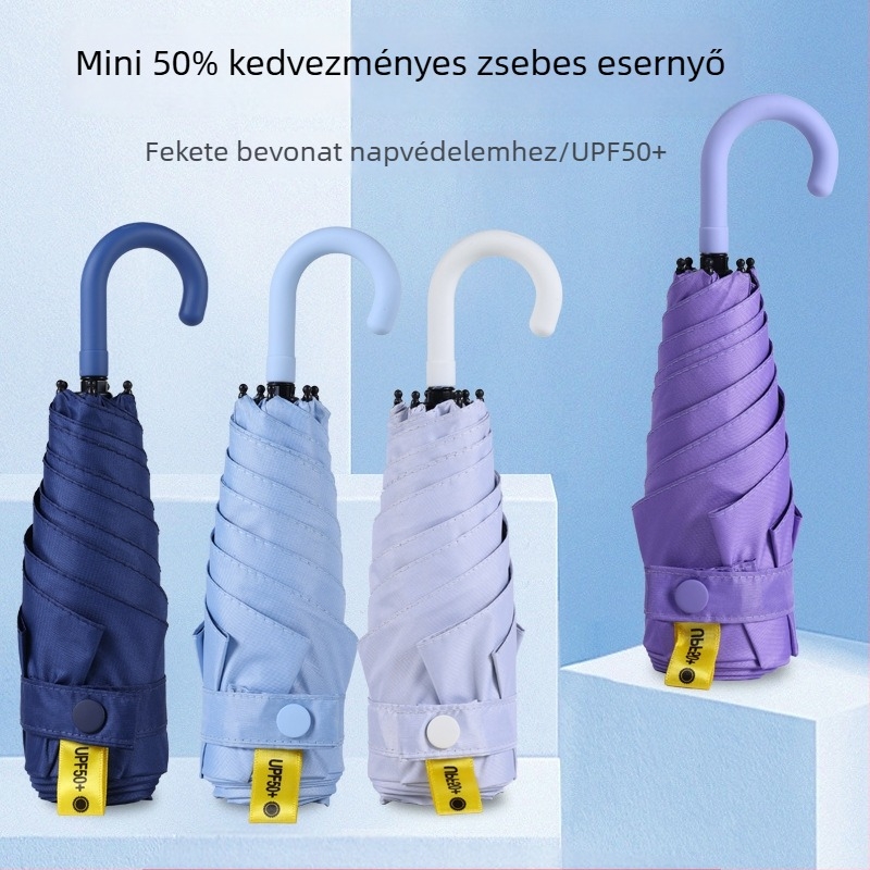 Ívelt fogantyújú mini összecsukható esernyő, zsebméret, UV védelem UPF50+, fekete bevonat kupola, manuális nyitás-zárás, kültéri használatra.