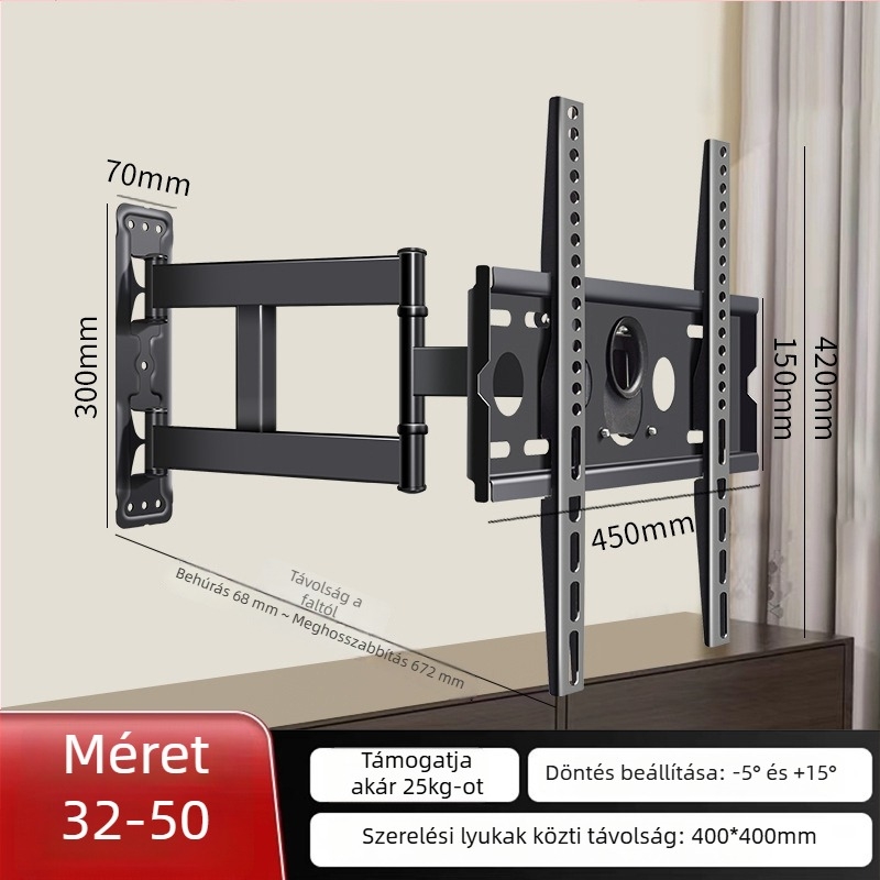 TV falra szerelhető tartó 180°-os forgatással és teleszkópos karral, hideg hengerelt acélból, sík kijelzős TV-hez, tömeg 12 kg