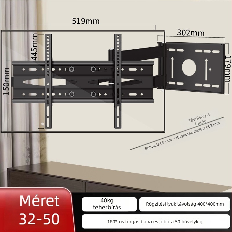 TV falra szerelhető tartó 180°-os forgatással és teleszkópos karral, hideg hengerelt acélból, sík kijelzős TV-hez, tömeg 12 kg