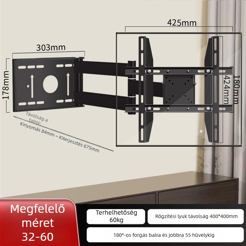 TV falra szerelhető tartó 180°-os forgatással és teleszkópos karral, hideg hengerelt acélból, sík kijelzős TV-hez, tömeg 12 kg