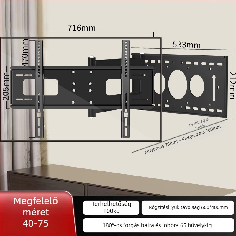 TV falra szerelhető tartó 180°-os forgatással és teleszkópos karral, hideg hengerelt acélból, sík kijelzős TV-hez, tömeg 12 kg