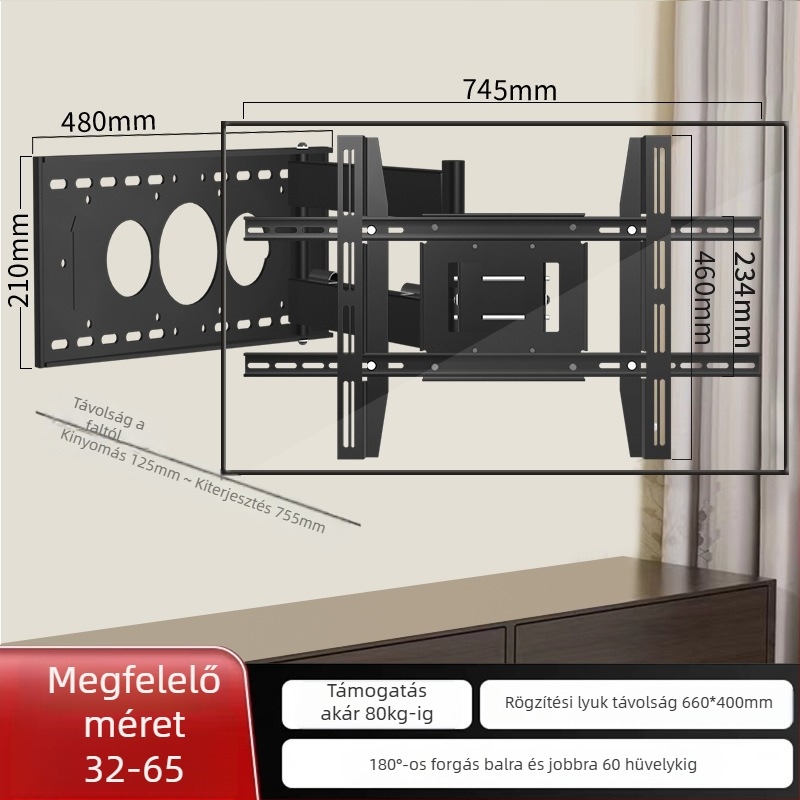 TV falra szerelhető tartó 180°-os forgatással és teleszkópos karral, hideg hengerelt acélból, sík kijelzős TV-hez, tömeg 12 kg