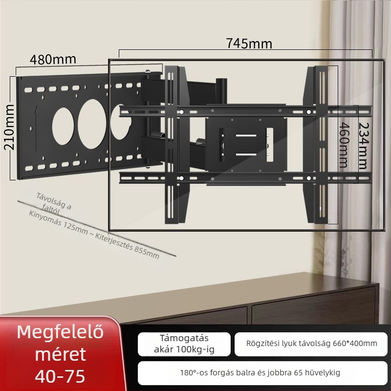 TV falra szerelhető tartó 180°-os forgatással és teleszkópos karral, hideg hengerelt acélból, sík kijelzős TV-hez, tömeg 12 kg