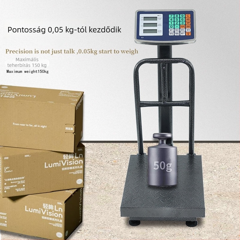 Összecsukható kereskedelmi elektronikus árcsala, 150 kg kapacitás, elektronikus mérés, tápegység: ólom-savas akkumulátor vagy hálózati adapter