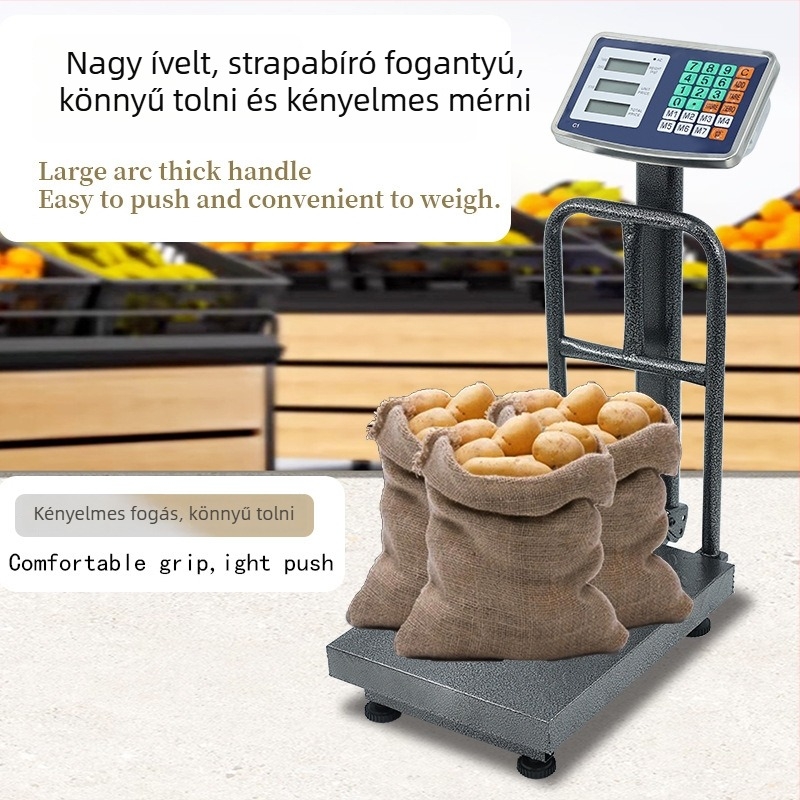 Összecsukható kereskedelmi elektronikus árcsala, 150 kg kapacitás, elektronikus mérés, tápegység: ólom-savas akkumulátor vagy hálózati adapter