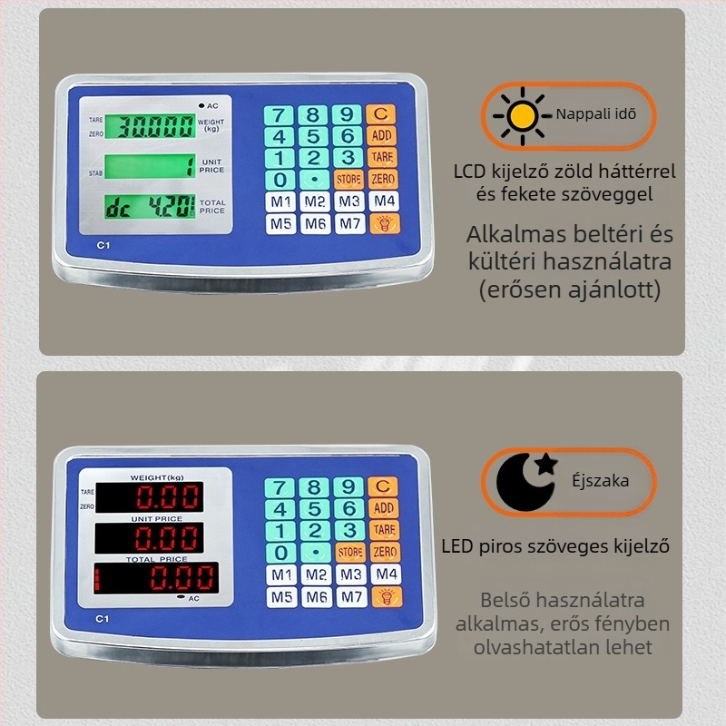 Összecsukható kereskedelmi elektronikus árcsala, 150 kg kapacitás, elektronikus mérés, tápegység: ólom-savas akkumulátor vagy hálózati adapter