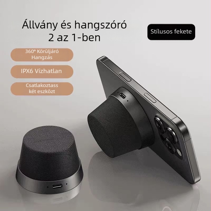 Mágneses Mini Hangszóró Telefon-Tartóval, Hordozható Bluetooth Autó Hangszóró, 5W, Bluetooth 5.3, Beépített 300–500mAh Akkumulátor, IPX2