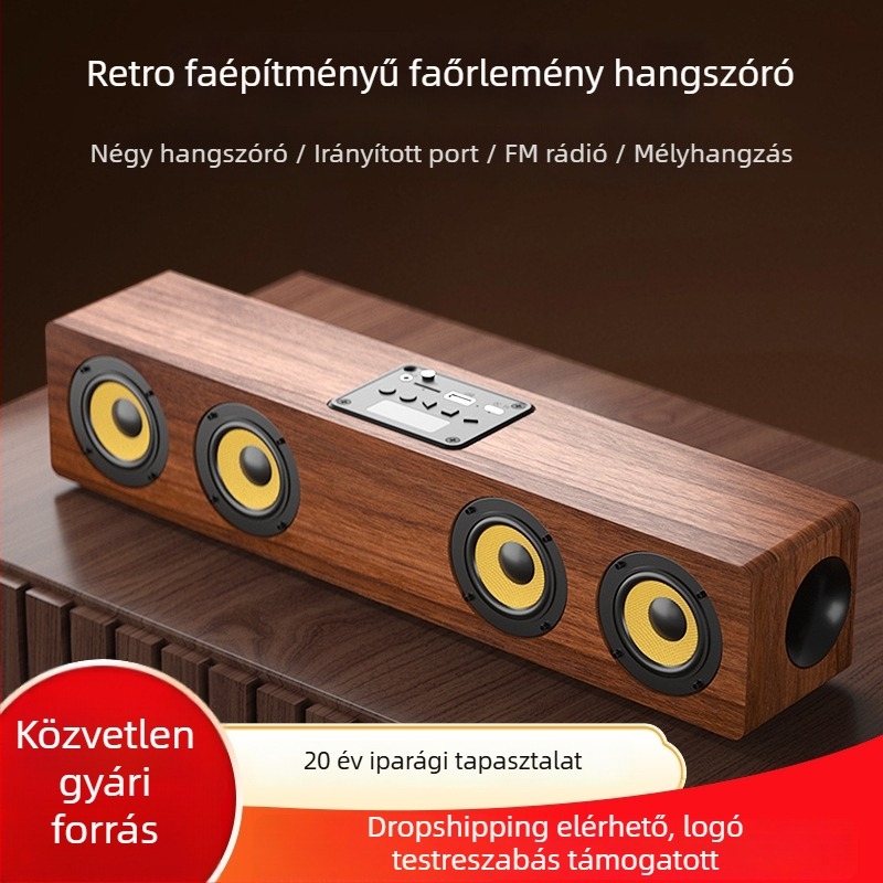 Asztali Bluetooth hangszóró négy hangszóróval, fadobozos kivitel, Bluetooth 5.0, beépített akkumulátor 2000-4000 mAh, frekvencia-válasz 80 Hz-18 kHz