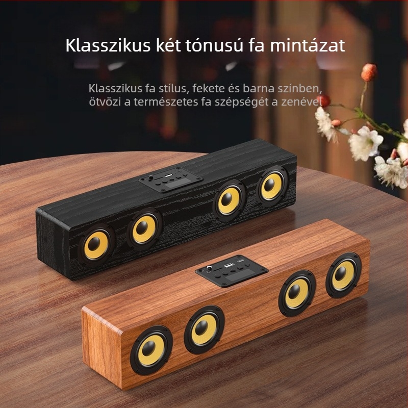 Asztali Bluetooth hangszóró négy hangszóróval, fadobozos kivitel, Bluetooth 5.0, beépített akkumulátor 2000-4000 mAh, frekvencia-válasz 80 Hz-18 kHz