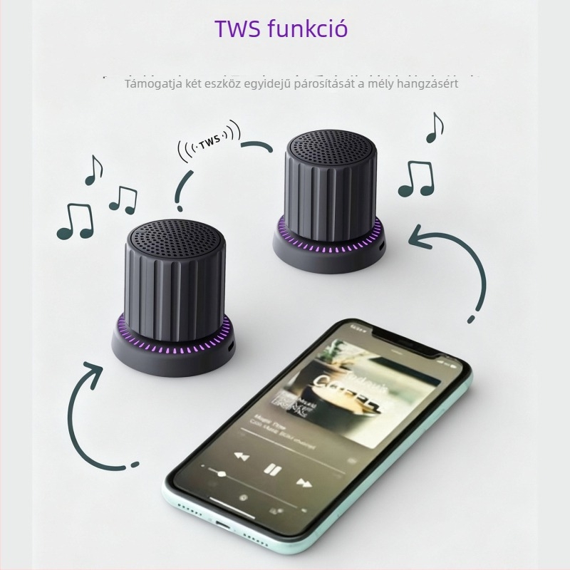 Mini hordozható Bluetooth hangszóró IPX5 vízállósággal, 3W kimenet, Bluetooth 5.3, frekvencia-tartomány 100 Hz–20 kHz, 10 m hatótávolság