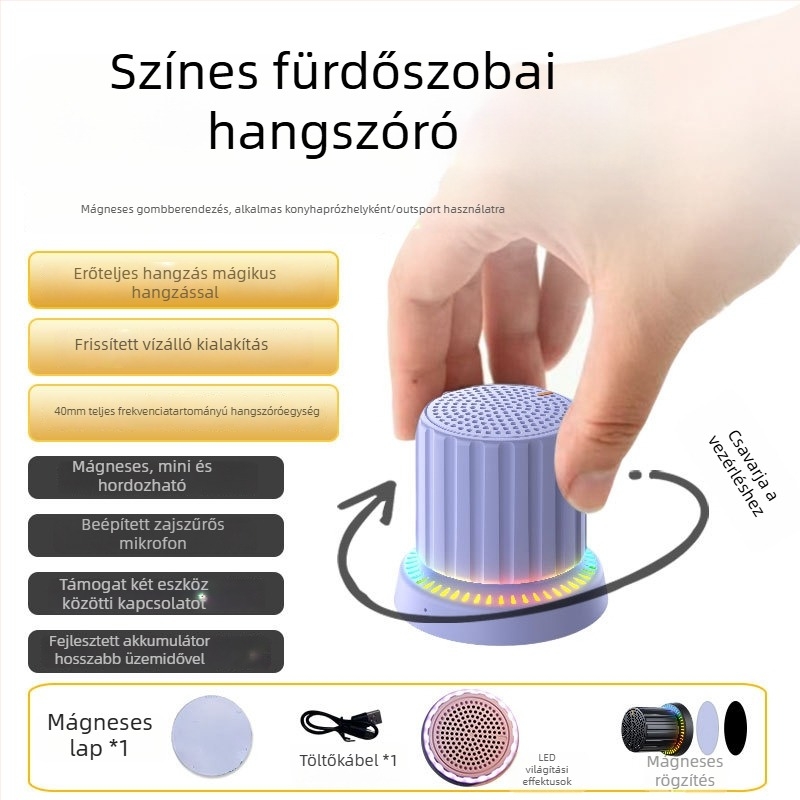 Mini hordozható Bluetooth hangszóró IPX5 vízállósággal, 3W kimenet, Bluetooth 5.3, frekvencia-tartomány 100 Hz–20 kHz, 10 m hatótávolság