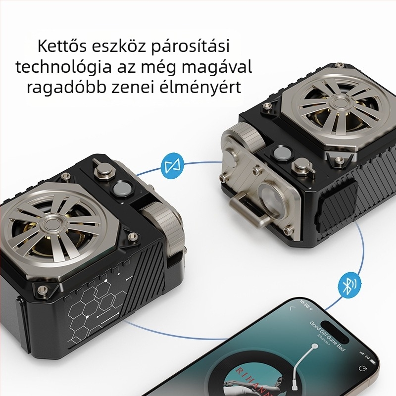 Hordozható kültéri Bluetooth hangszóró, páncél-stílusú dizájn, IPX5 vízálló, 5W teljesítmény, Bluetooth 5.3, 10 m hatótávolság, beépített akkumulátor 2000–4000mAh