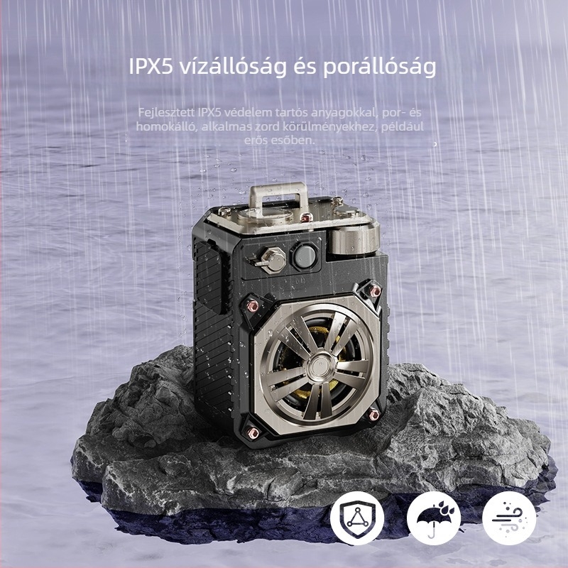 Hordozható kültéri Bluetooth hangszóró, páncél-stílusú dizájn, IPX5 vízálló, 5W teljesítmény, Bluetooth 5.3, 10 m hatótávolság, beépített akkumulátor 2000–4000mAh