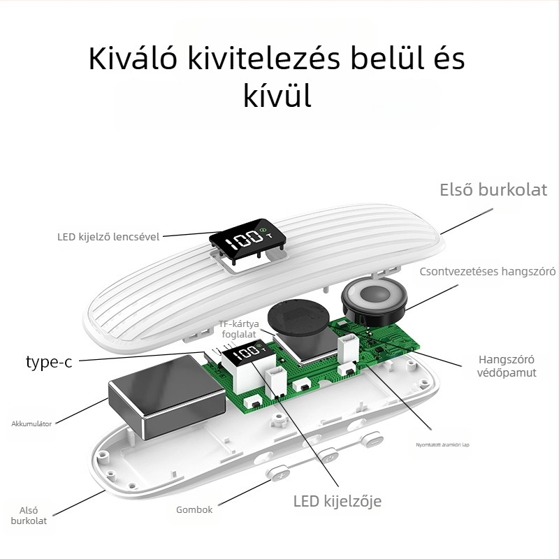 Csontvezetéses alvófülhallgató, Bluetooth 5.3, 100 Hz–20 kHz frekvenciaválasz, beépített 300–500 mAh akkumulátor, 10 m hatótávolság
