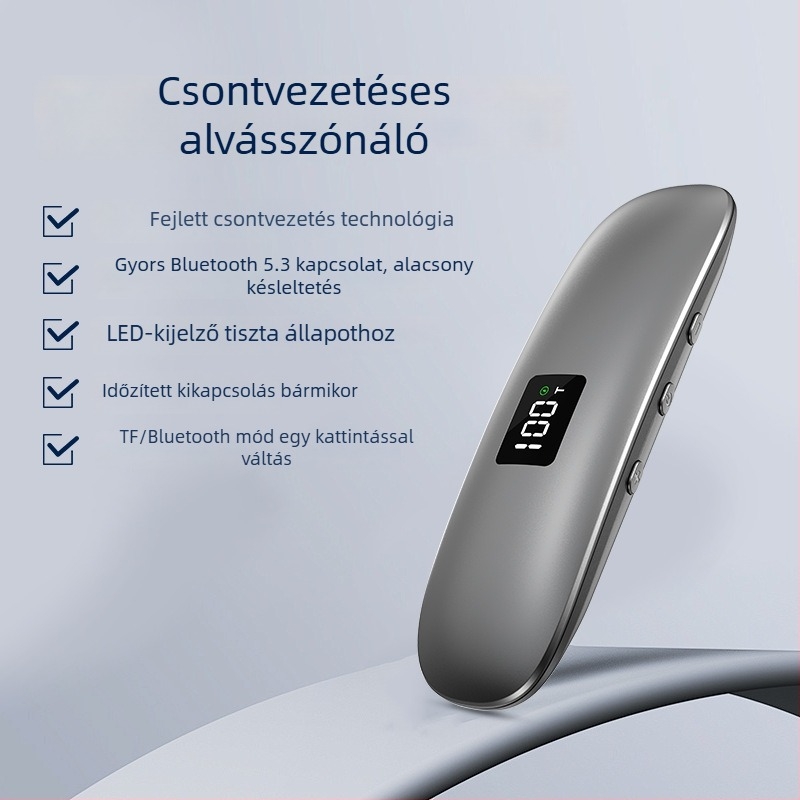Csontvezetéses alvófülhallgató, Bluetooth 5.3, 100 Hz–20 kHz frekvenciaválasz, beépített 300–500 mAh akkumulátor, 10 m hatótávolság