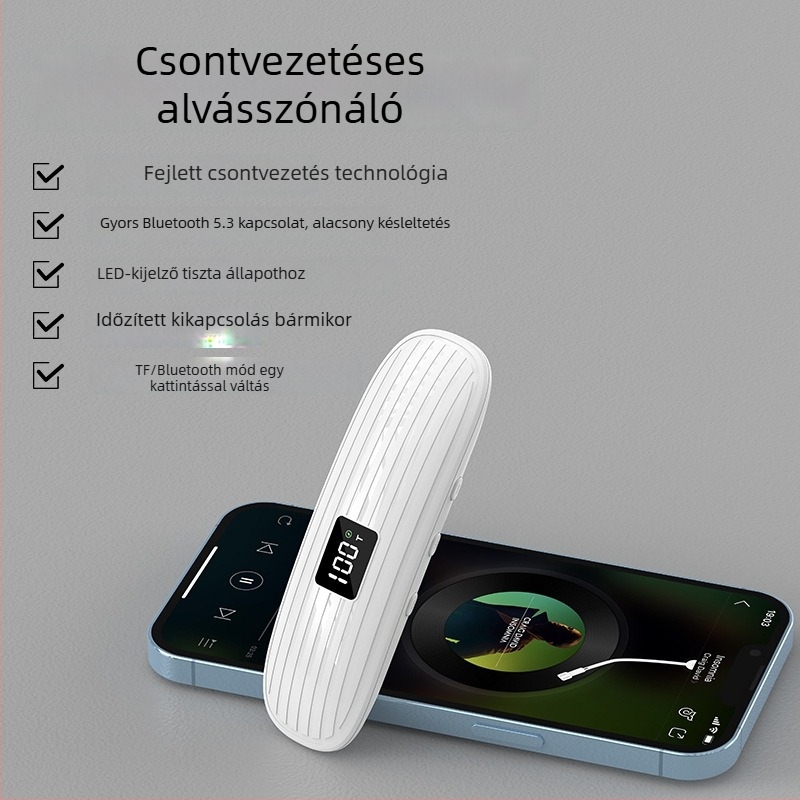 Csontvezetéses alvófülhallgató, Bluetooth 5.3, 100 Hz–20 kHz frekvenciaválasz, beépített 300–500 mAh akkumulátor, 10 m hatótávolság