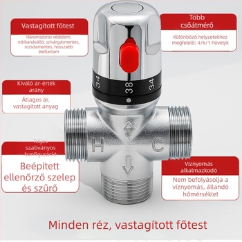Teljesen rézből készült intelligens termosztatikus keverőcsap DN15, DN20, DN25 és DN32 portokkal; működési nyomás 0,03–1 MPa; hideg 5–29°C, forró 50–80°C.